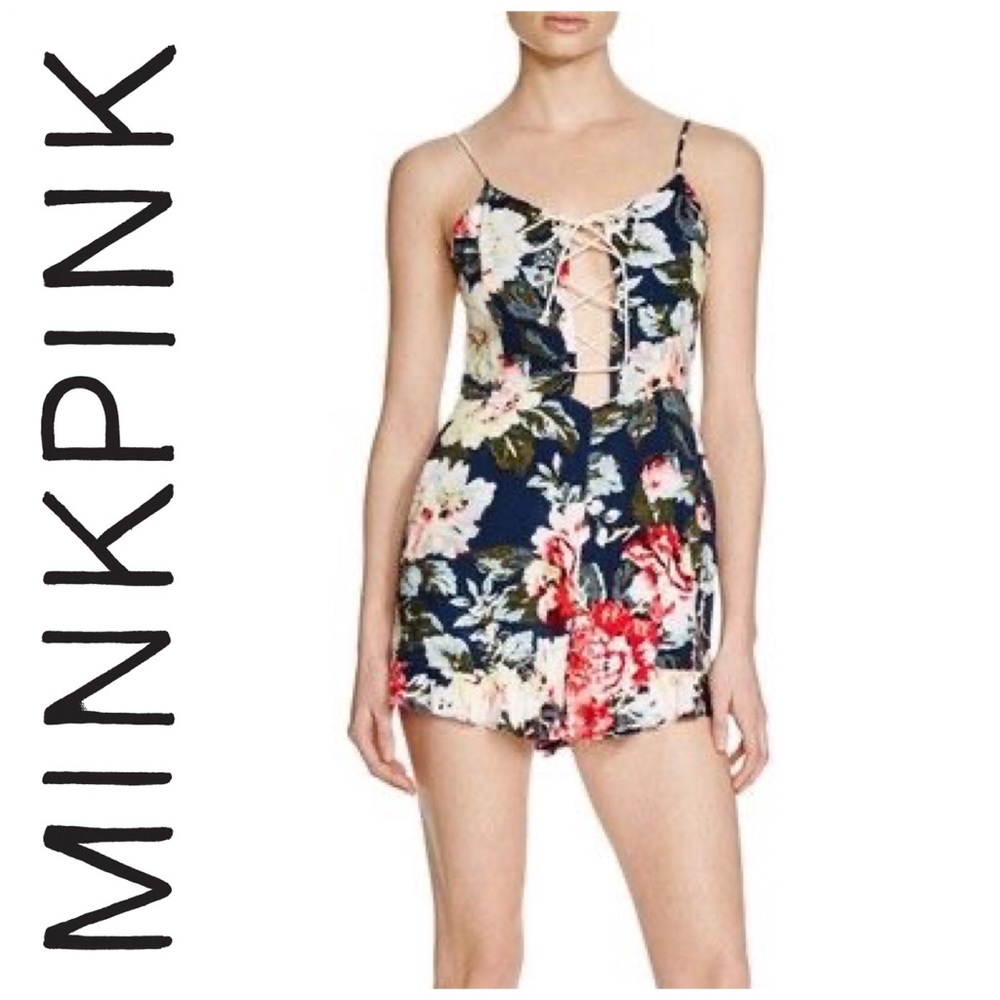 Minkpink Lace-Up Navy Floral Playsuit